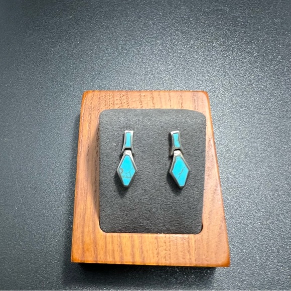 Vtg Sterling Sleeping Beauty Turquoise Inlay Dangle Earrings Native Amer… - Picture 6 of 10